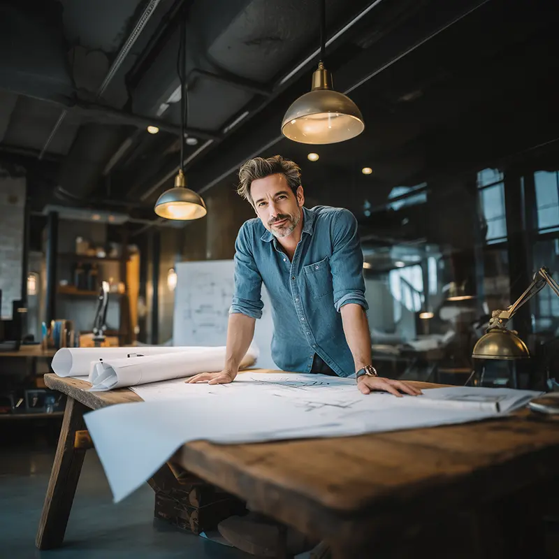 A male architect leaning over a rustic work table spread with blueprints