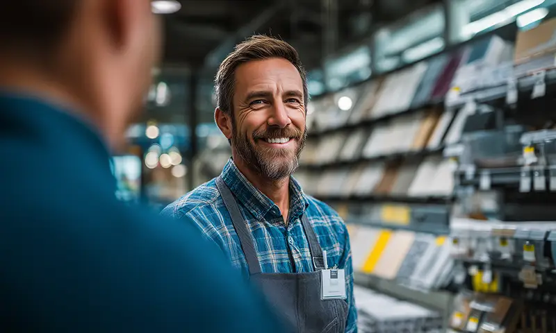 A male retail associate in a hardware store smiles at a customer